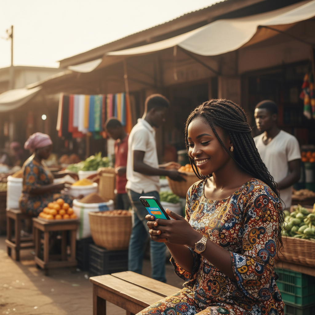 A smiling Nigerian woman browsing the TrustAm app on her smartphone to book a local service provider.