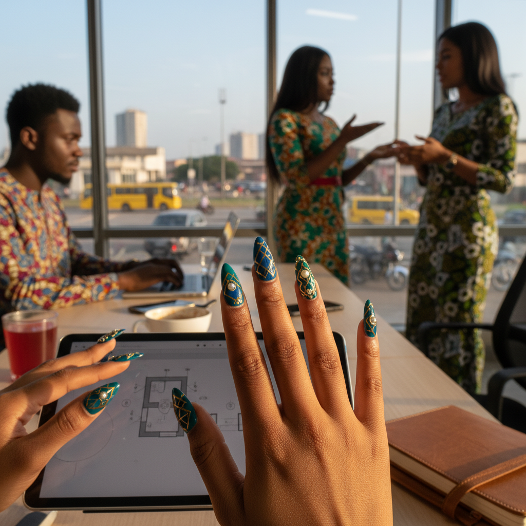 A close-up shot of long, elegant acrylic nails with intricate art on the hands of a Nigerian woman.