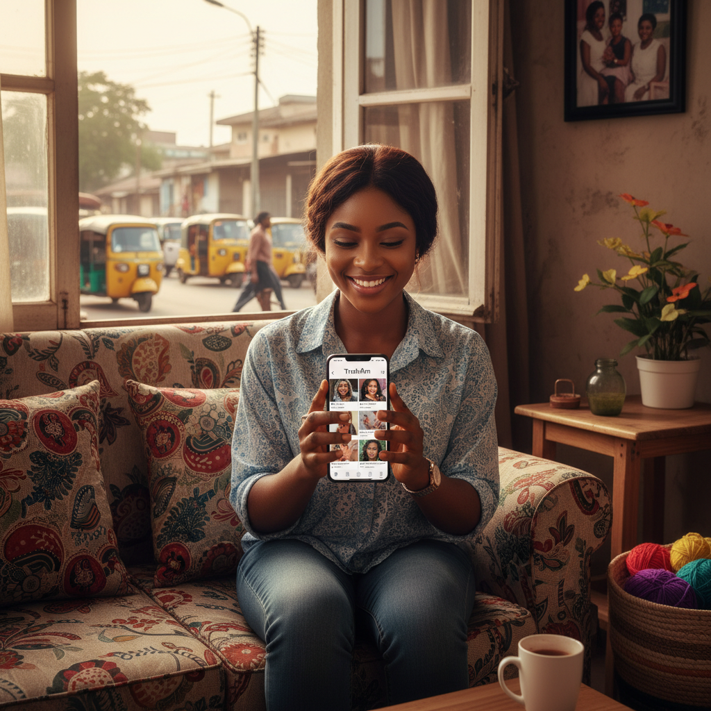 A young Nigerian woman using the TrustAm app on her smartphone to find a nail technician in Lagos.