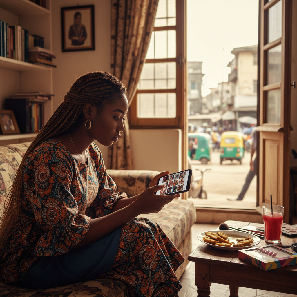 A young Nigerian woman sitting in a cafe in Lagos, using the TrustAm app on her smartphone to book a nail appointment.