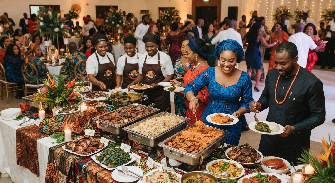 A lavish buffet spread at a Nigerian wedding reception with various Nigerian dishes