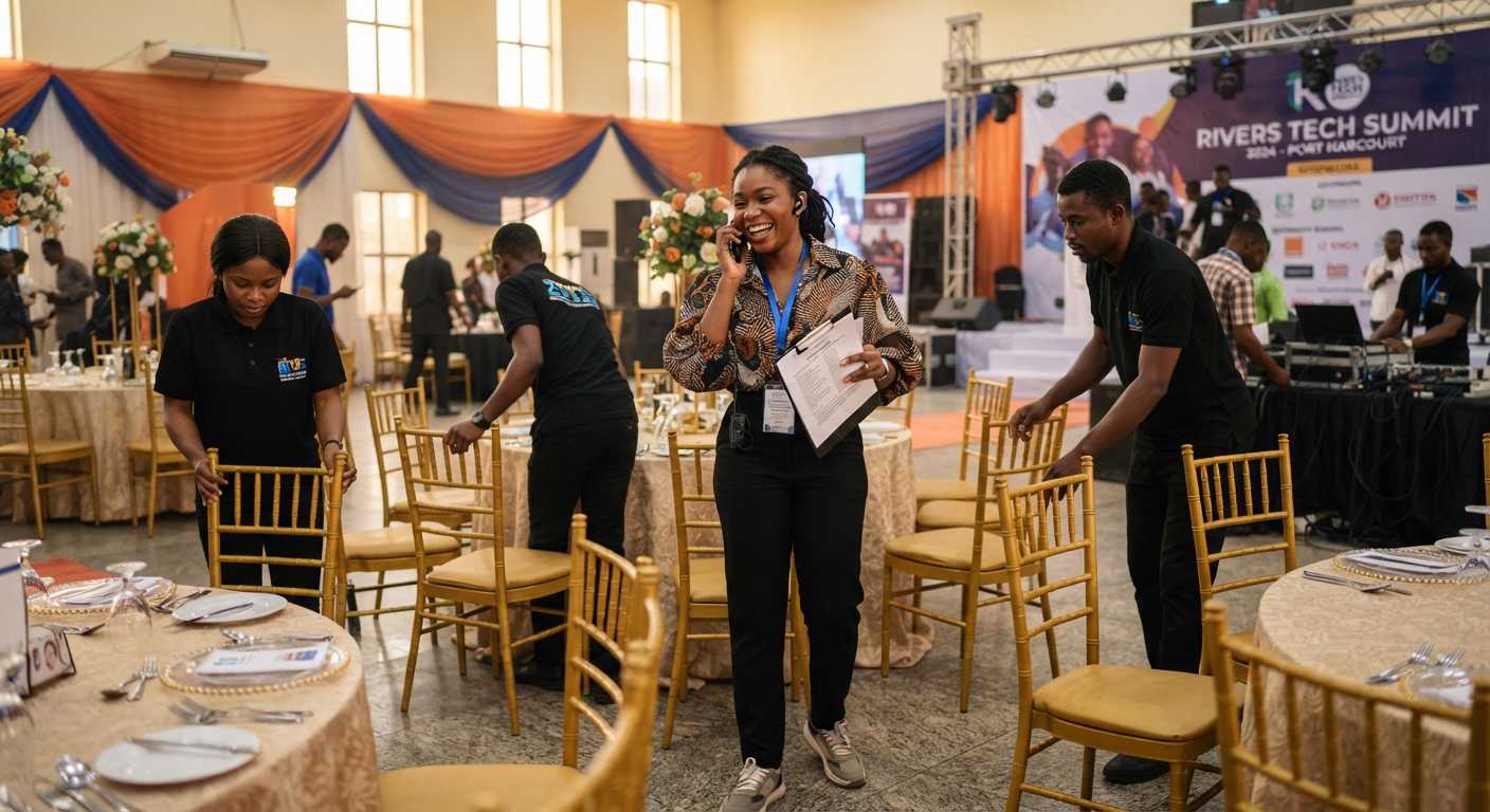 Event planner overseeing setup for a sophisticated event in Port Harcourt
