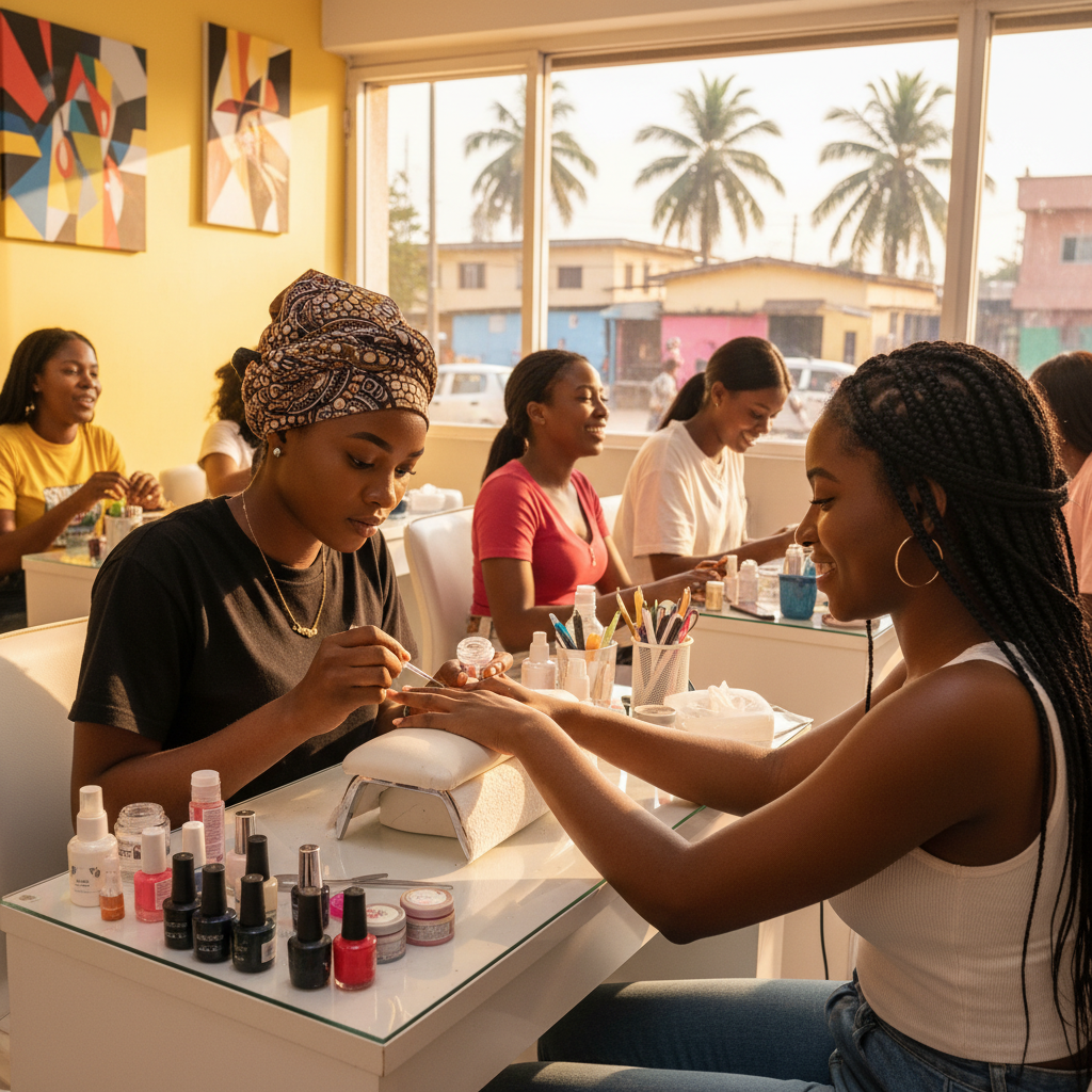 A skilled nail technician carefully applying an acrylic nail set for a customer in a Lagos salon.
