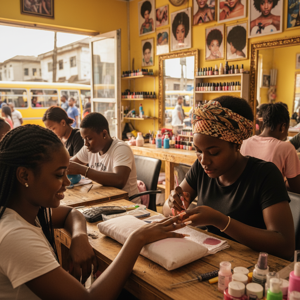 A Nigerian nail technician carefully applying an acrylic nail extension for a client.