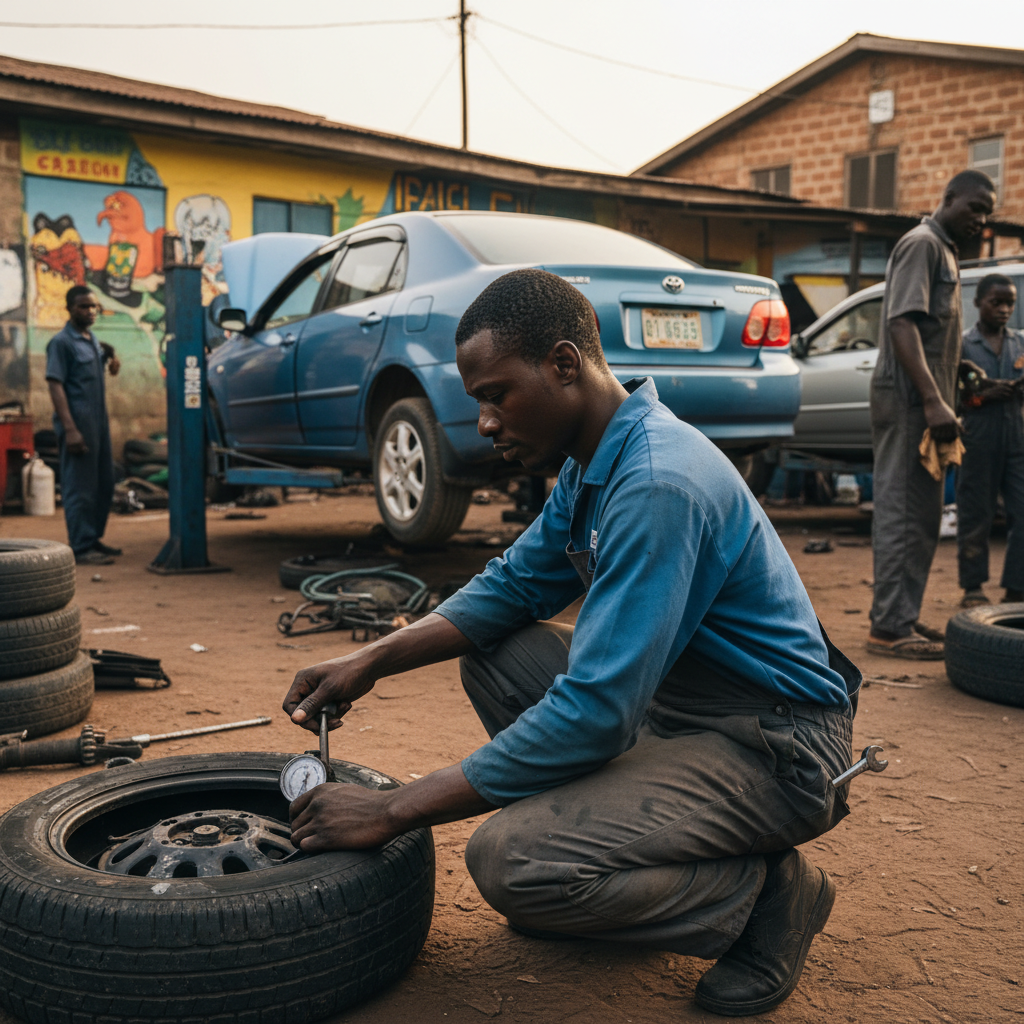 A Nigerian mechanic checking the tire pressure of a car in a workshop.