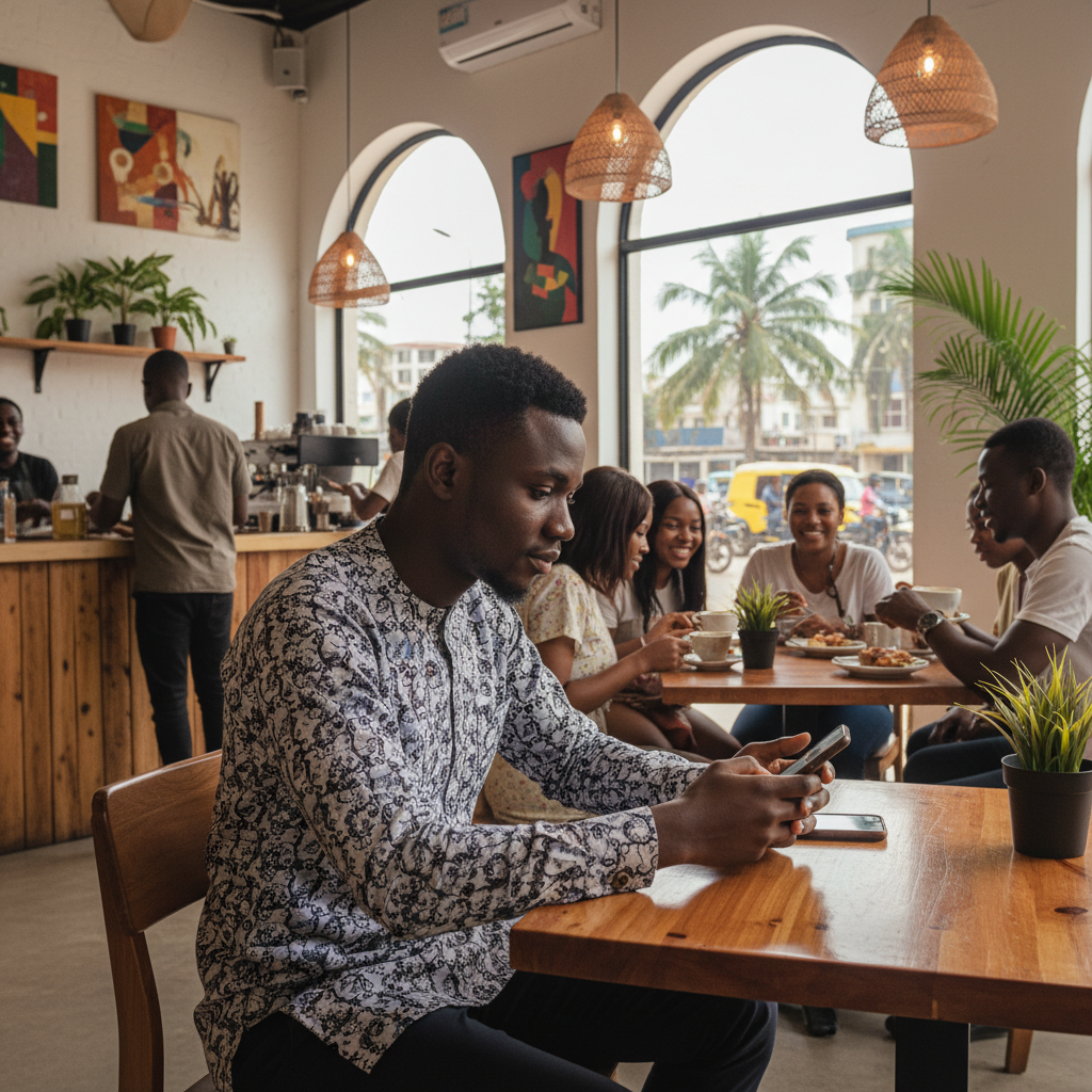 A young Nigerian professional reviewing his budget on the TrustAm app.