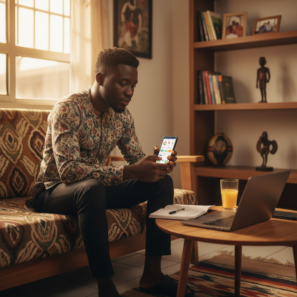 A young Nigerian man reviews his budget on the TrustAm app on his smartphone.