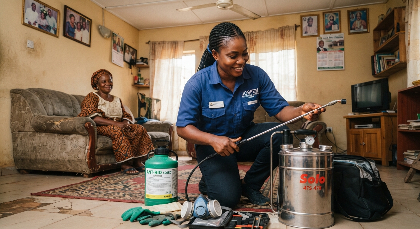 A Nigerian woman in Ibadan carefully inspects pest control equipment before a fumigation job.