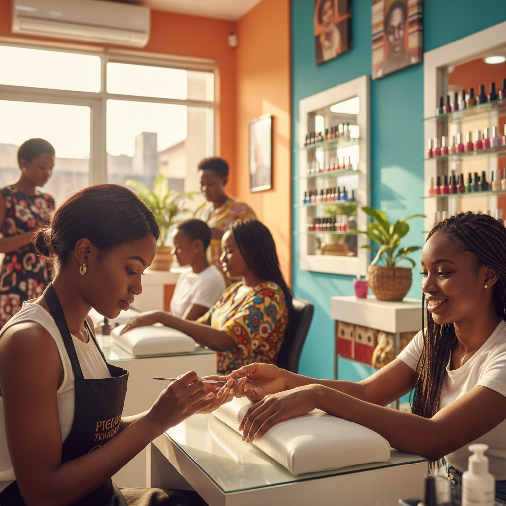 A skilled nail technician carefully applying acrylic to a client's nails in a well-lit Lagos salon.