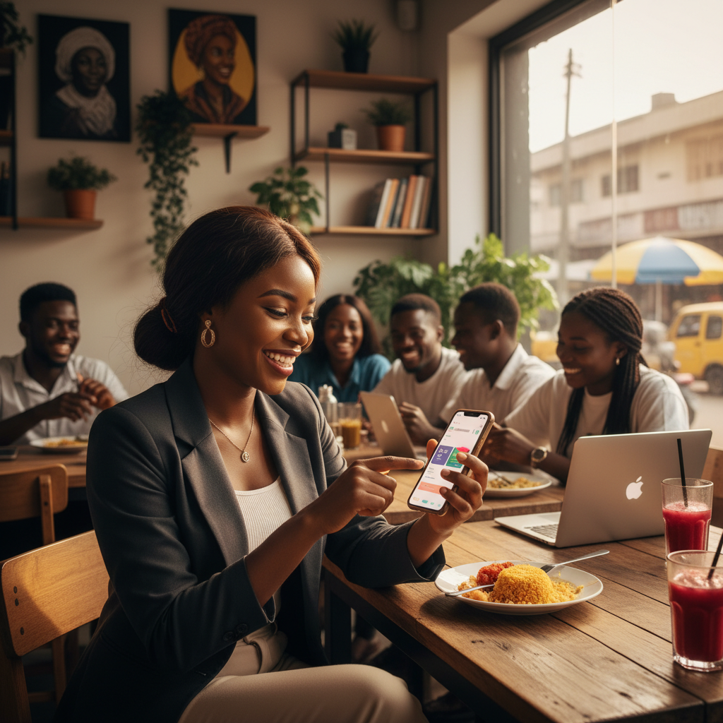 A Nigerian business owner tracking her income on the TrustAm app.