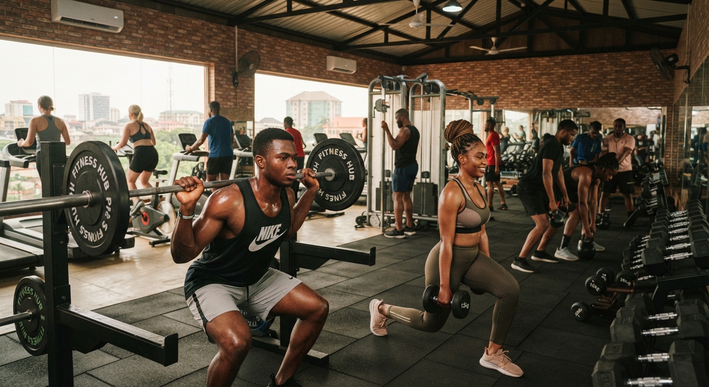 Interior of a modern gym in Port Harcourt, Nigeria, equipped with various fitness machines and weights