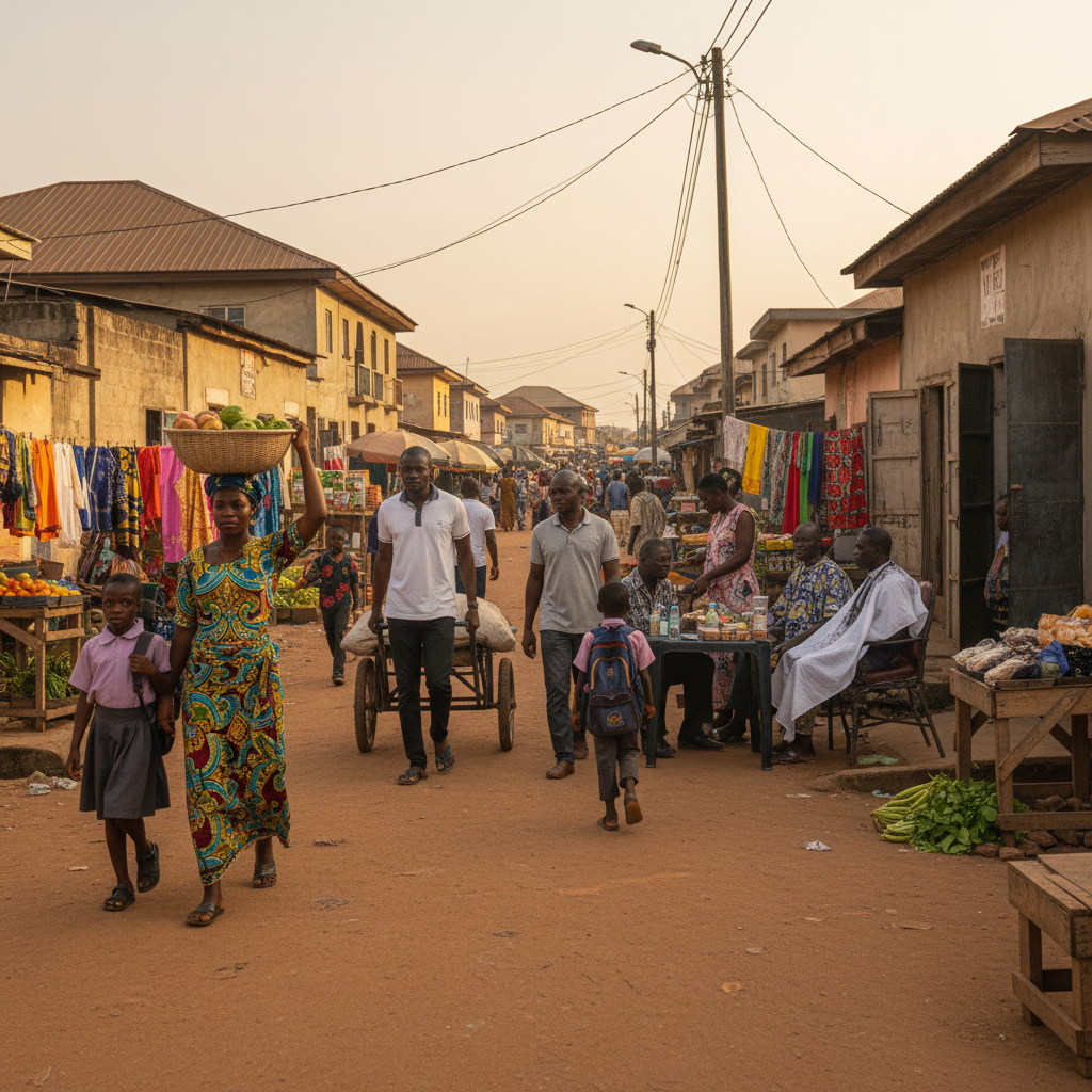 A busy street with residential buildings and shops in Uselu, Benin City