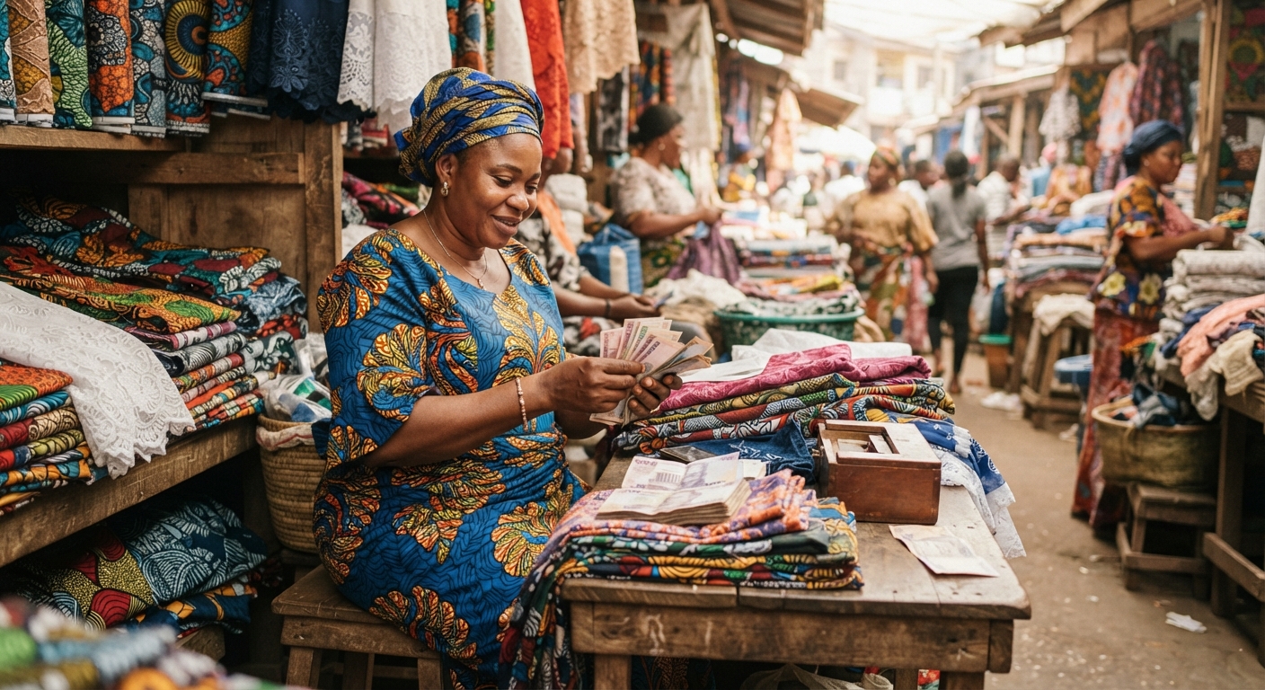 Nigerian woman counting naira notes at a fabric stall
