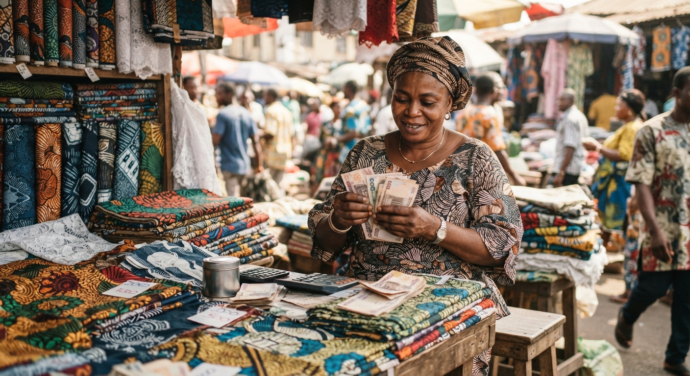 A Nigerian woman trader carefully counts naira notes at her fabric stall, highlighting the importance of tracking cash.