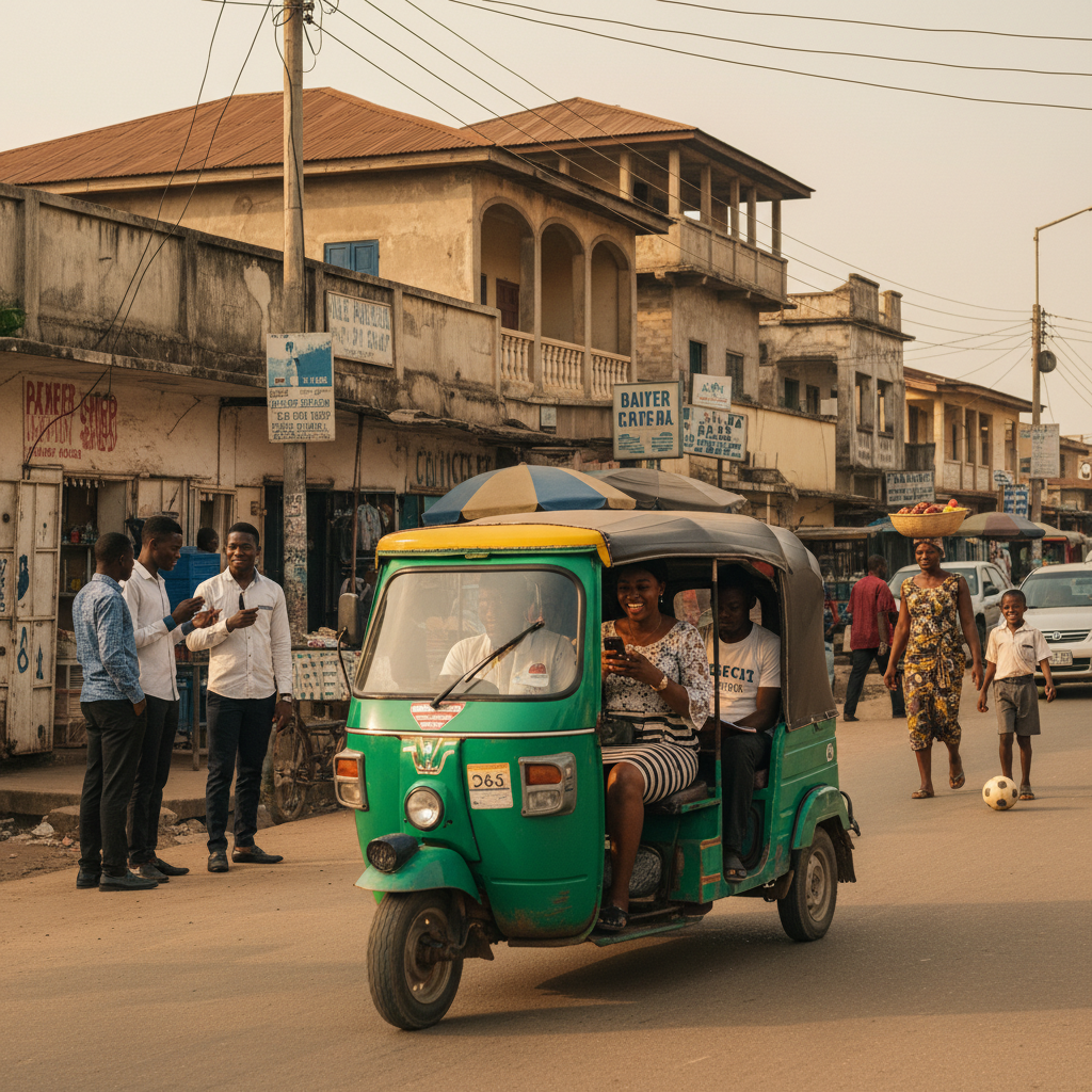 A bustling street scene in Enugu with tricycles and pedestrians.