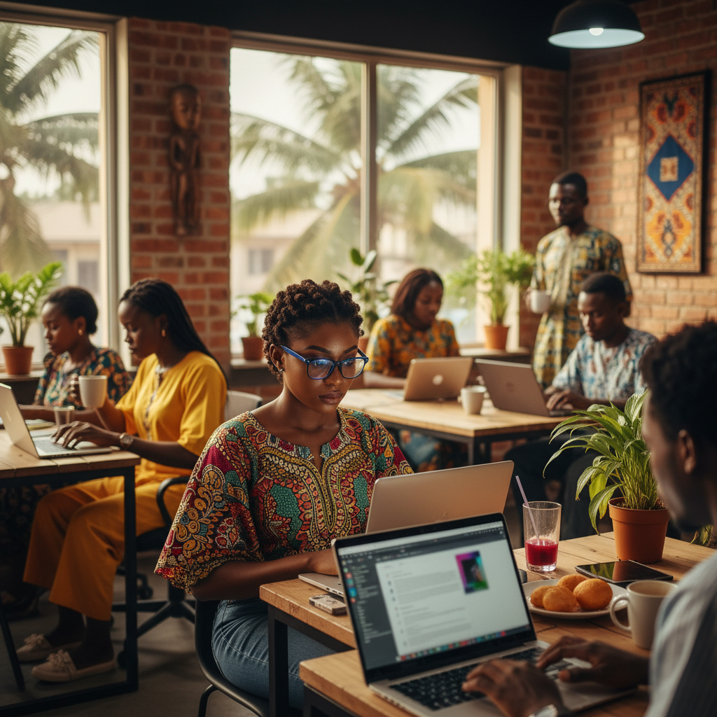 A young Nigerian freelancer earning money from a side hustle on their laptop.