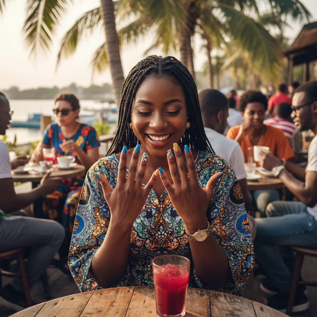 A happy young Nigerian woman admiring her freshly done, beautiful nails.