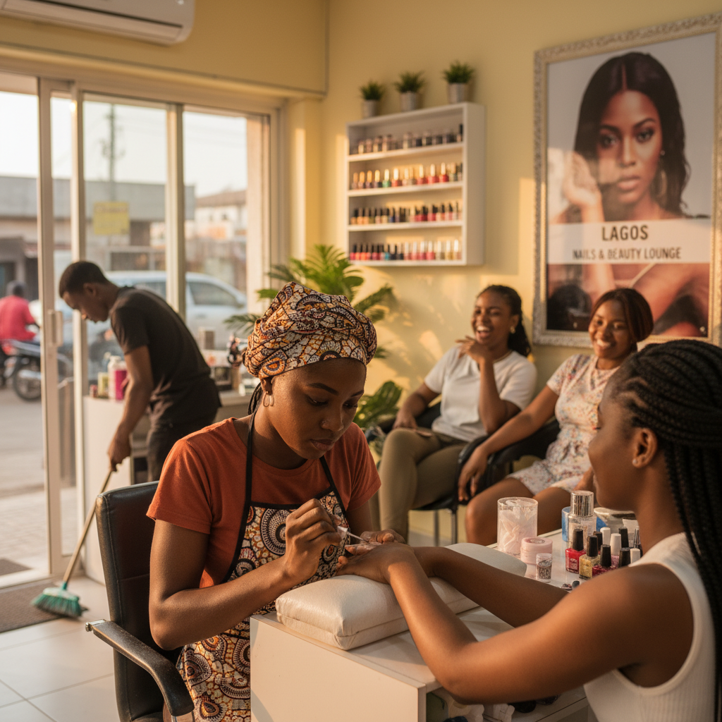 A skilled nail technician carefully applying acrylic to a client's nails in a salon in Lagos.
