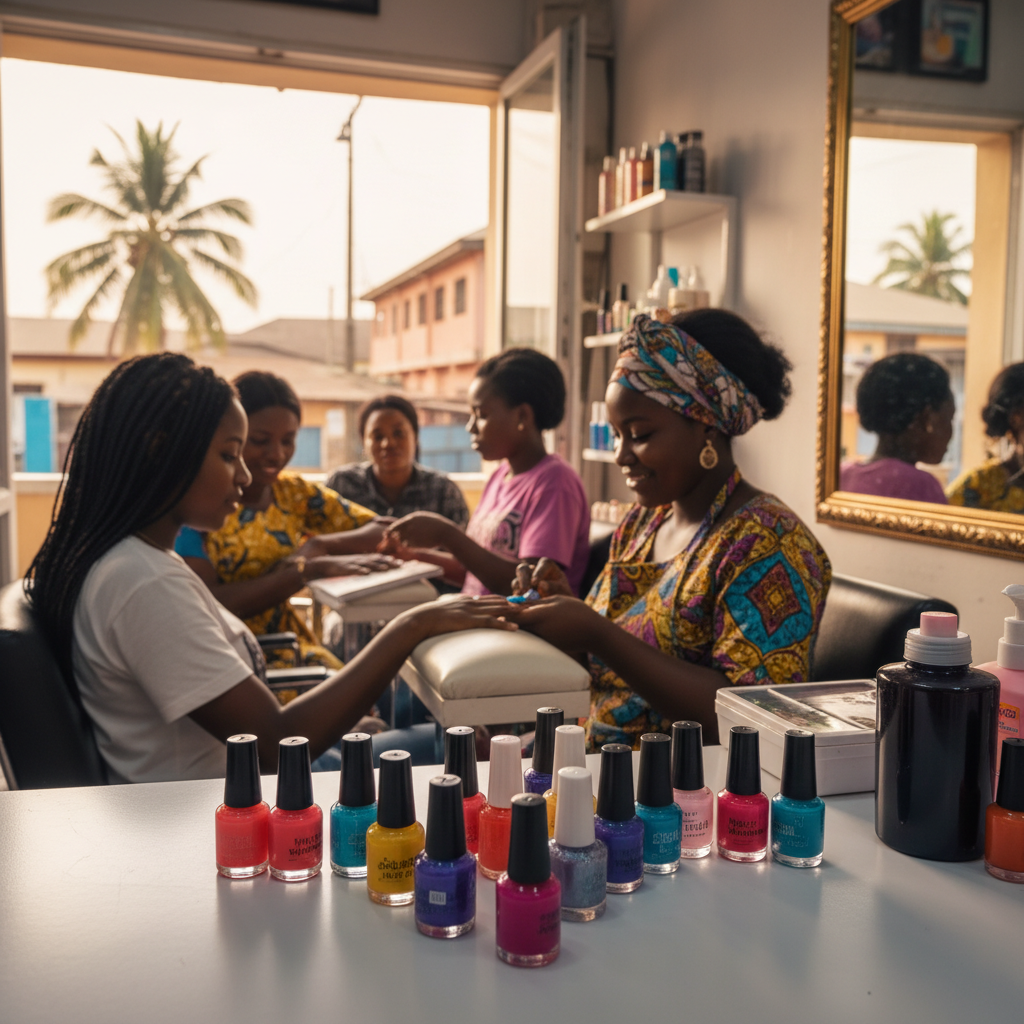 A collection of vibrant nail polish bottles neatly organized.
