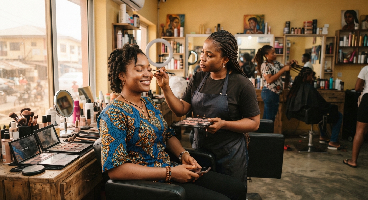 Young Nigerian woman getting makeup applied by a professional makeup artist in Port Harcourt