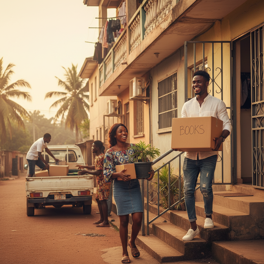 A young man carrying a moving box into a newly rented apartment in Warri.