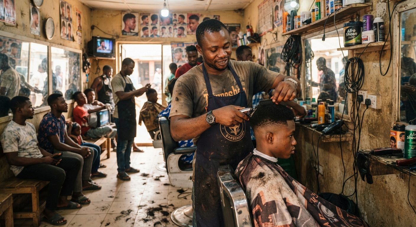 Nigerian barber cutting hair in a busy salon