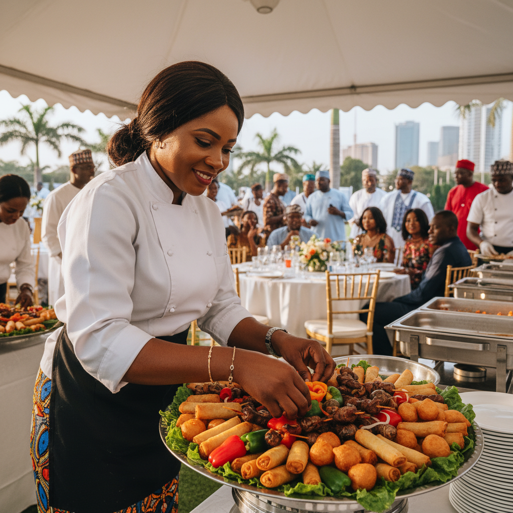 A Nigerian caterer carefully arranging spring rolls and samosas on a serving platter.