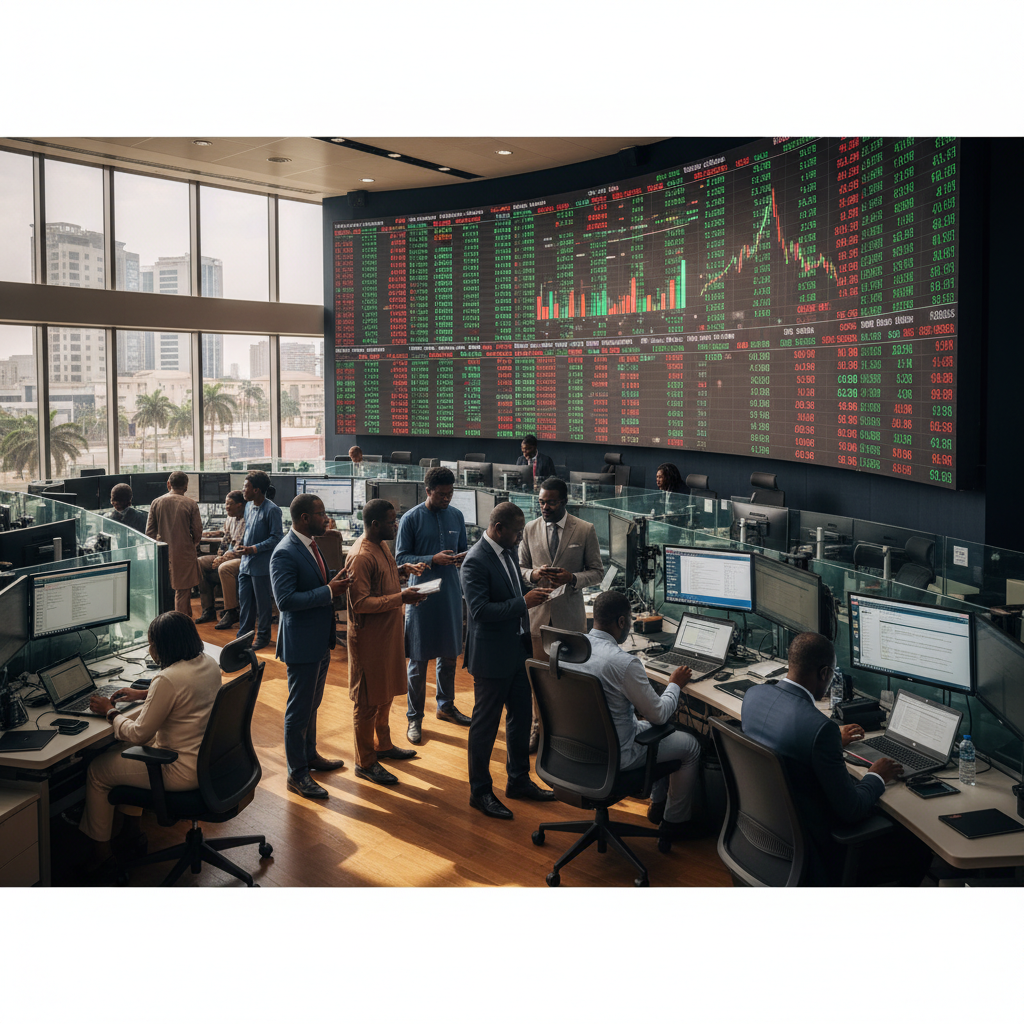 A screen showing stock market data on the floor of the Nigerian Stock Exchange.