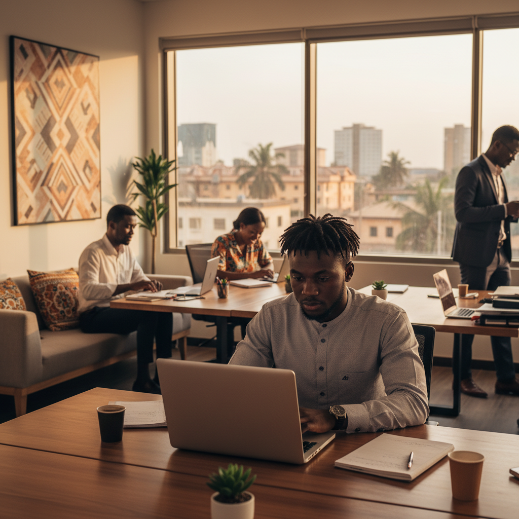 A focused Nigerian web developer in Owerri coding on a laptop in a well-lit office space.