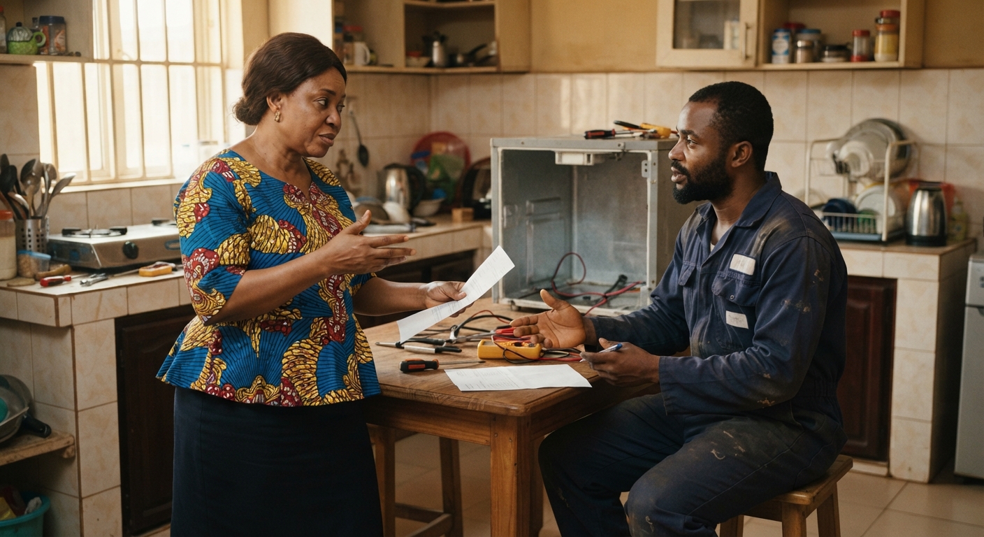 A homeowner in Enugu discussing an estimate with a technician for appliance repair.