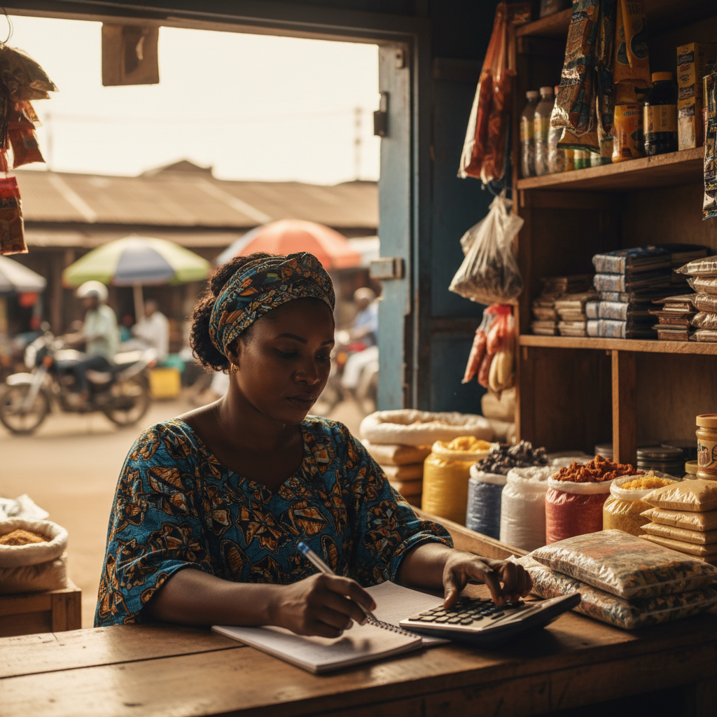 A Nigerian entrepreneur calculating business expenses with a pen and notepad.