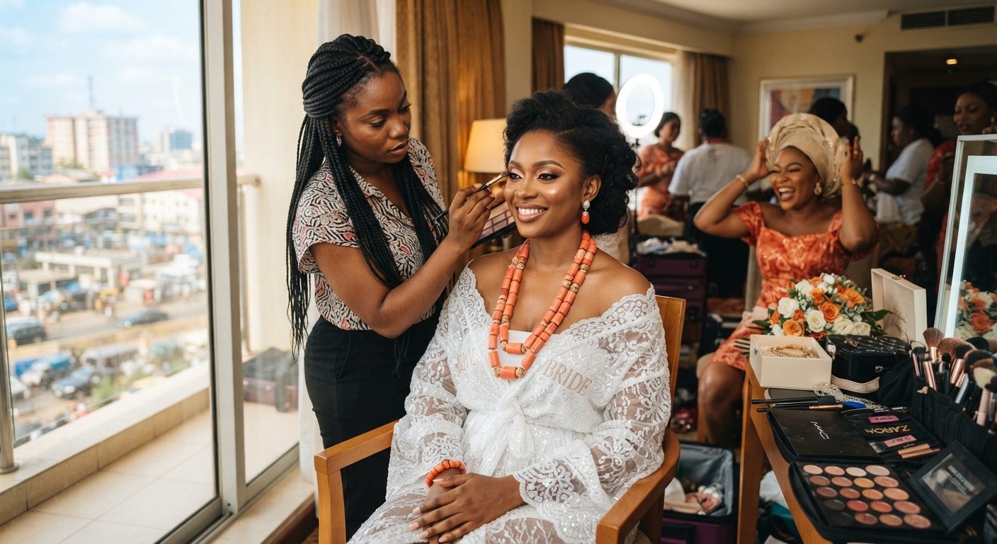 Nigerian bride receiving professional makeup services on her wedding day