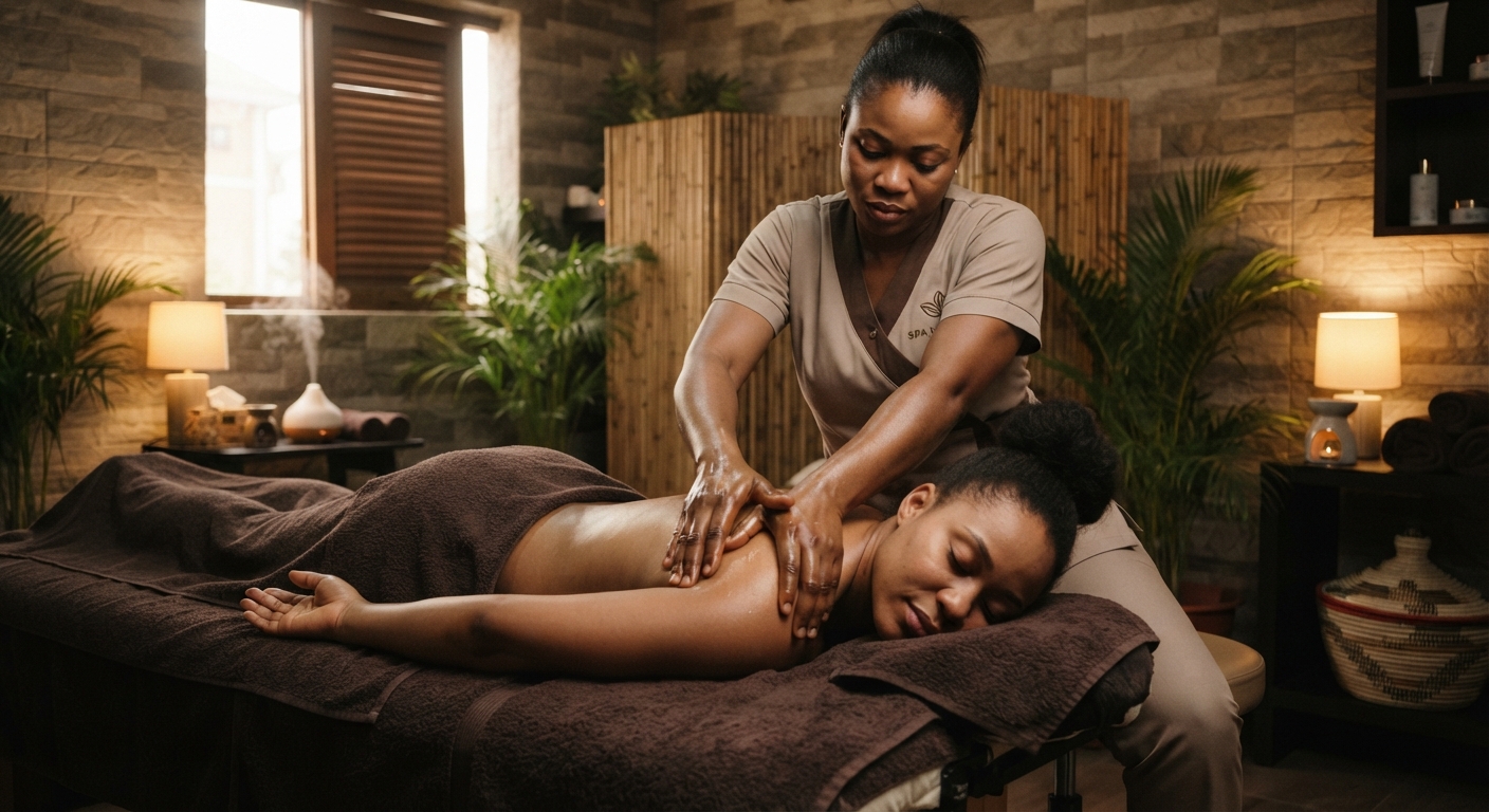 Therapist performing a deep tissue massage on a client's back