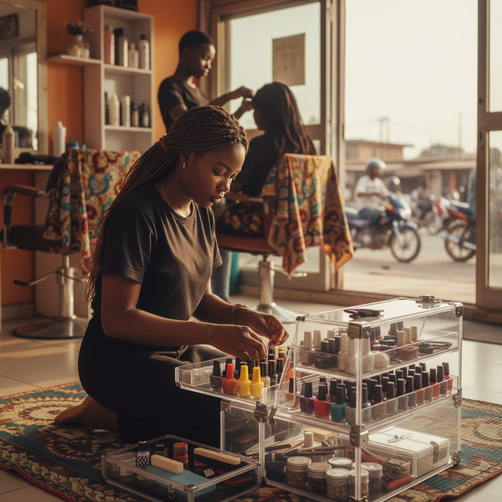 A Nigerian nail technician arranging her colourful nail polishes and tools in a professional kit.