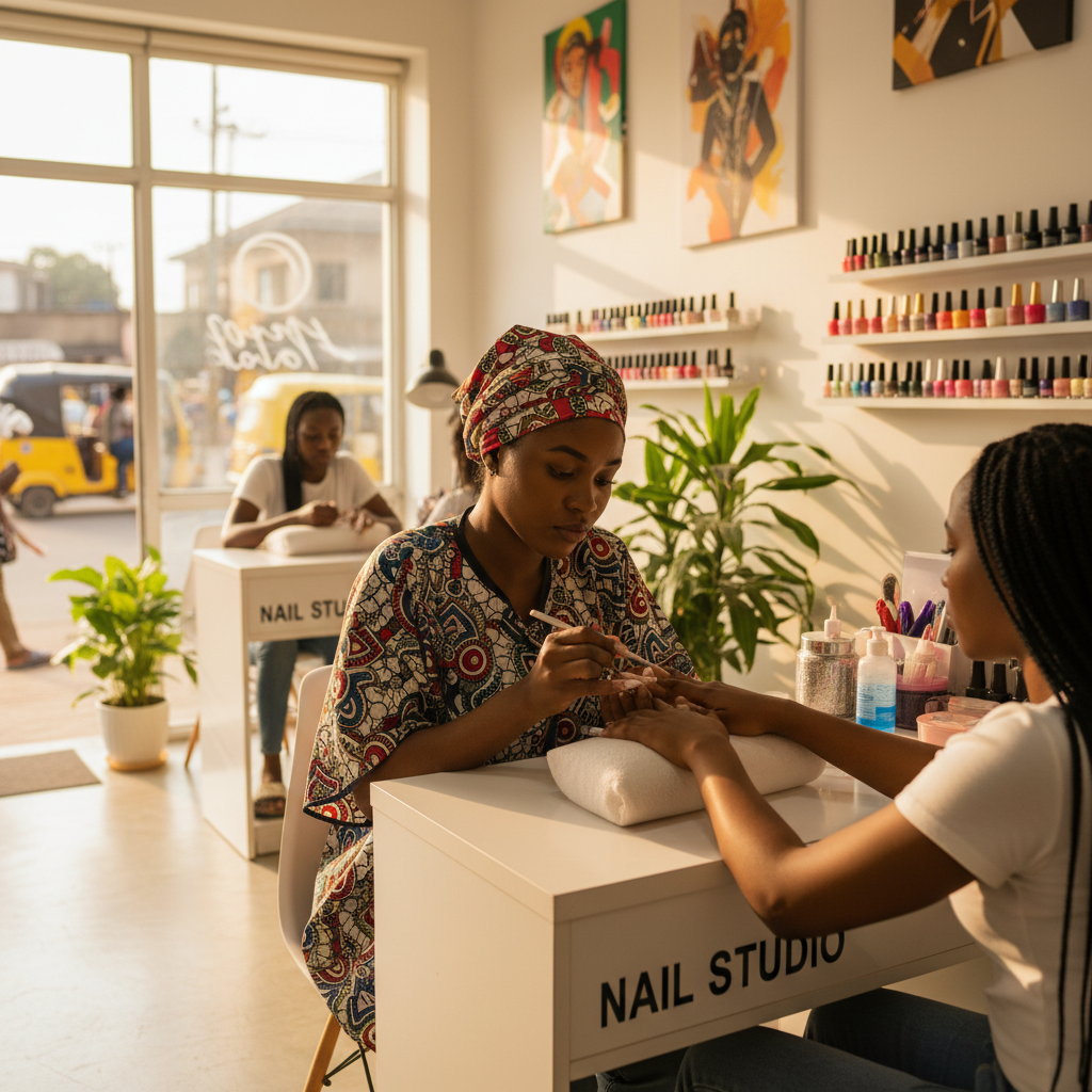 A skilled nail technician carefully applying acrylic powder to a client's nails in a well-lit Lagos salon.