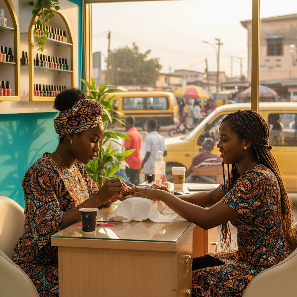 A skilled Nigerian nail technician carefully applying acrylic extensions to a client's nails.