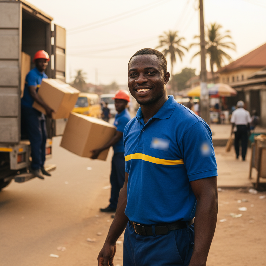 A confident Nigerian mover in a branded uniform standing in front of his truck.