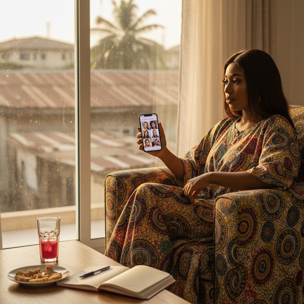 A young Nigerian woman sitting on a couch and using the TrustAm app on her smartphone to book a nail technician.