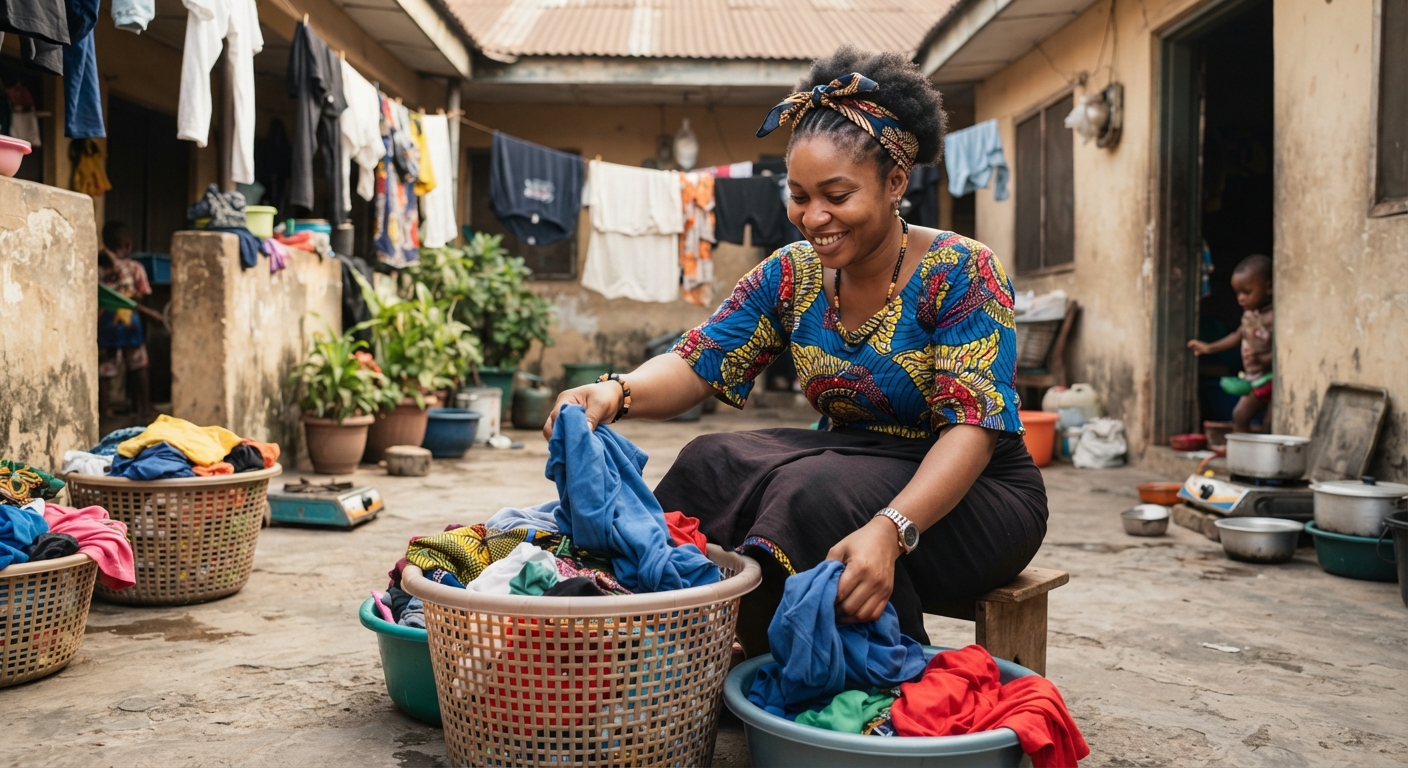 Young Nigerian woman sorting laundry into different baskets