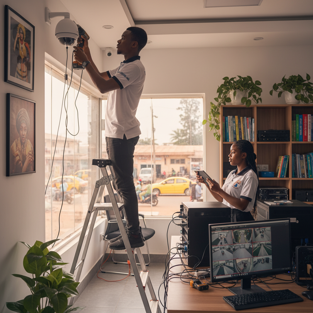 A professional Nigerian security installer on a ladder fitting a CCTV camera in an office building in Asaba.