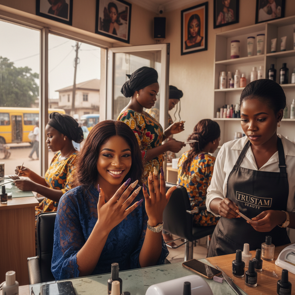 A happy young Nigerian woman looking at her freshly manicured nails booked through the TrustAm app.