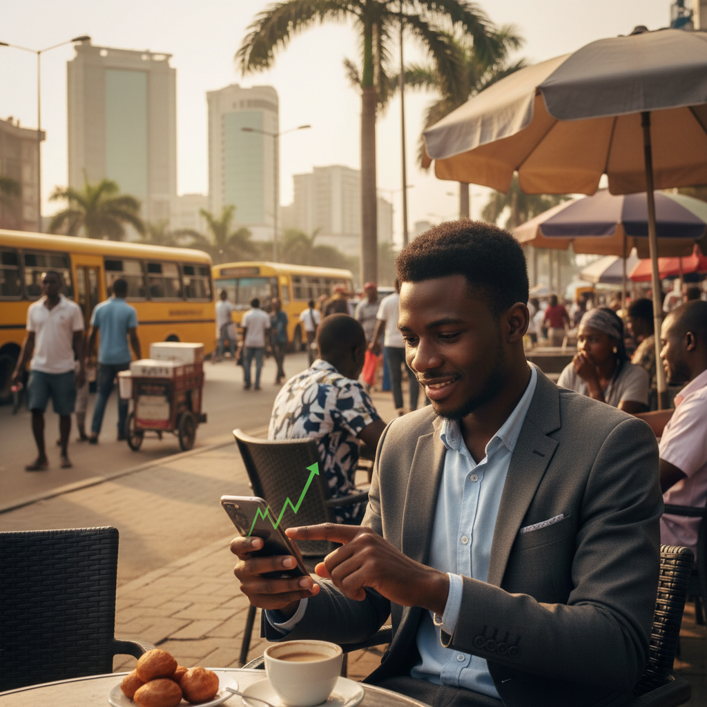 A young Nigerian professional reviewing his investment portfolio on a smartphone.