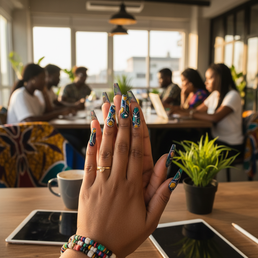 A close-up shot of perfectly sculpted acrylic nails with chrome and gem details, done by a Lagos nail artist.