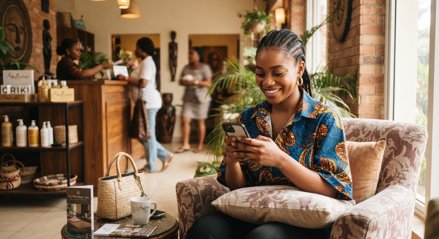 A young Nigerian woman happily booking a spa appointment on her smartphone