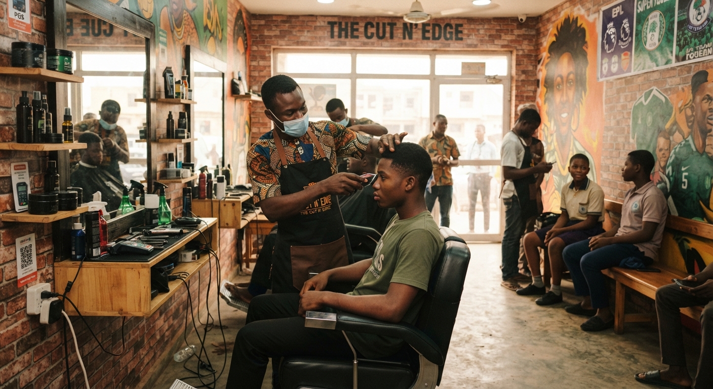 Interior of a clean and modern barber shop in Benin City