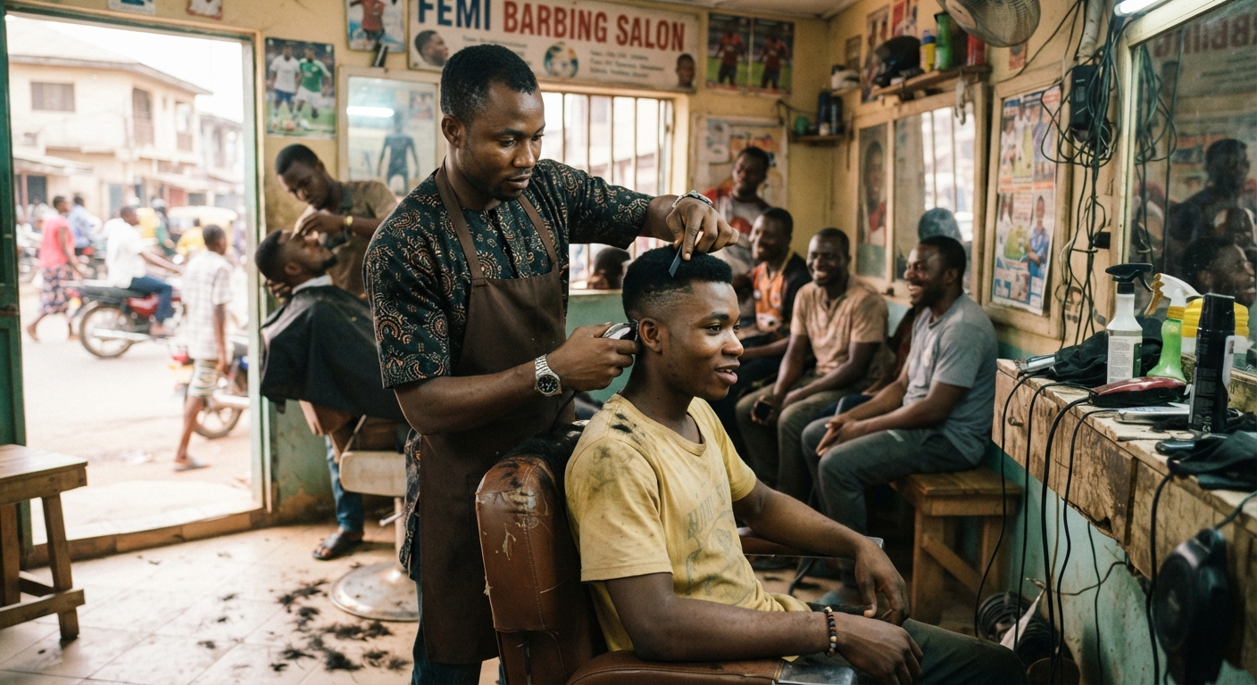 Barber in a busy Nigerian salon