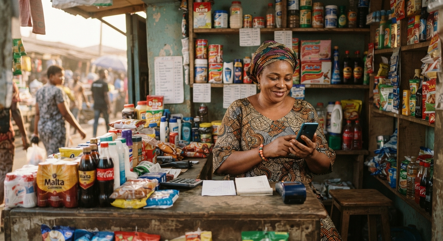 Nigerian shop owner checking phone behind counter