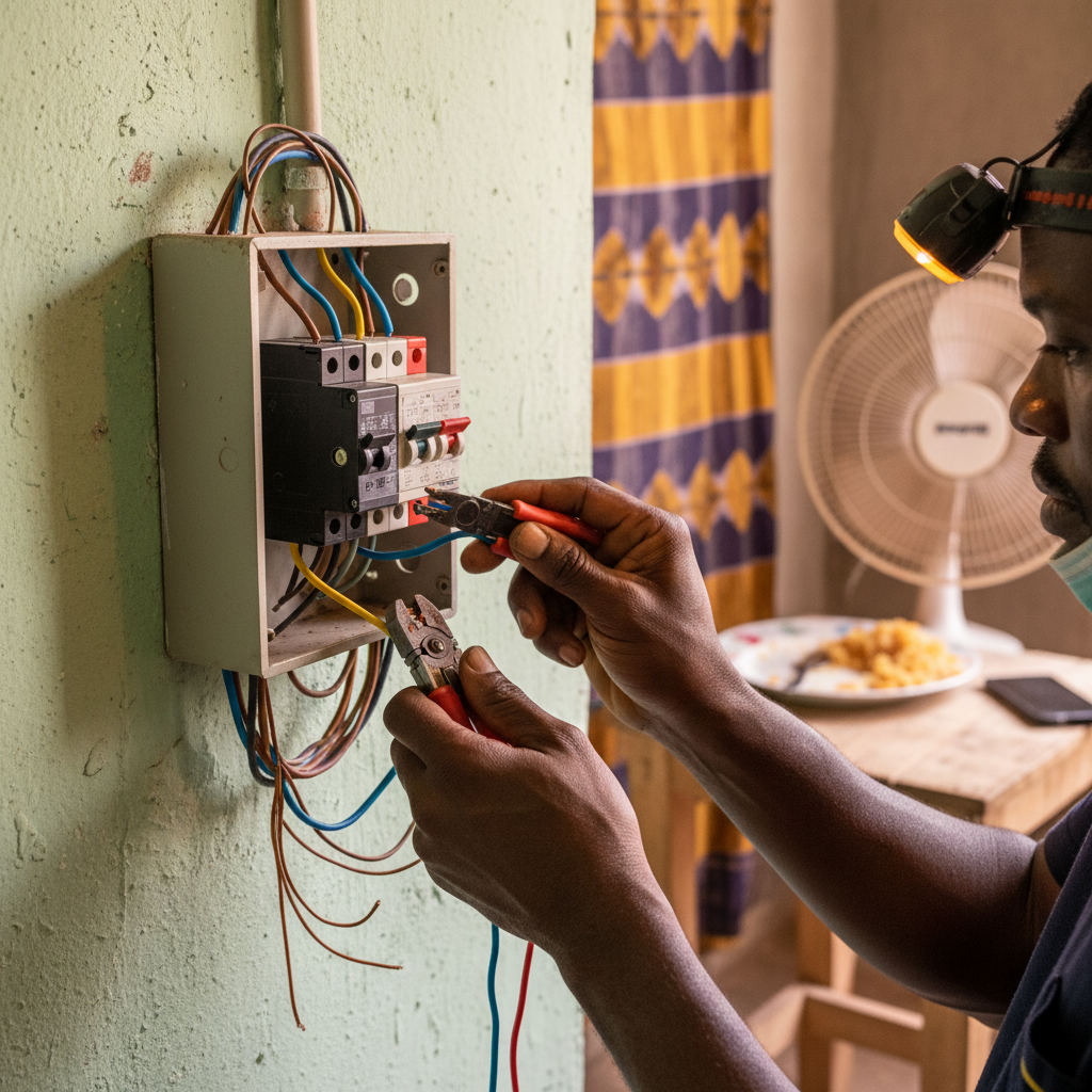 An electrician's hands carefully adjusting wires inside a home's main distribution board.