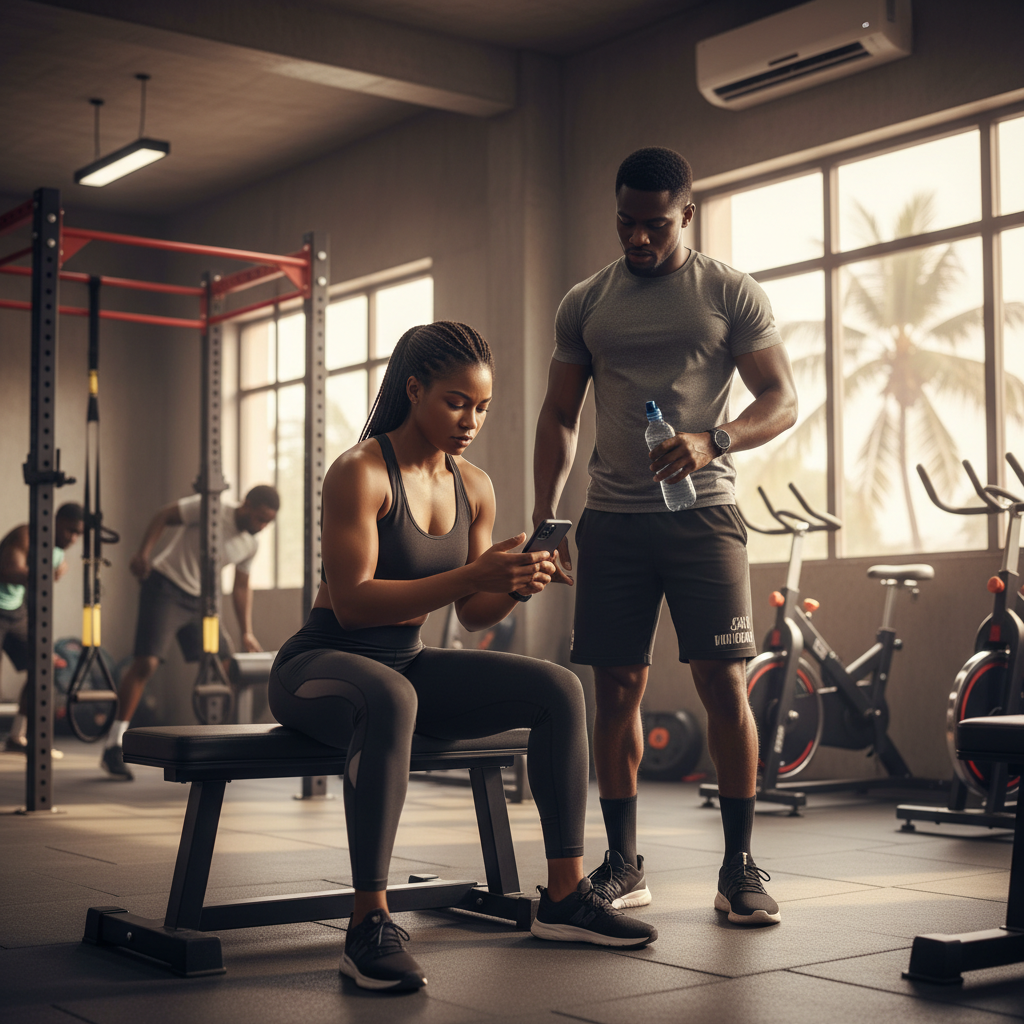 A Nigerian fitness trainer managing his client schedule on his phone using the TrustAm app.