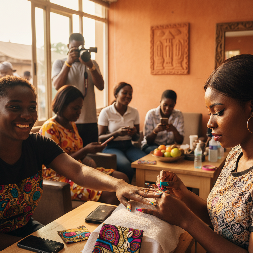 A close-up of a hand with long, colourful acrylic nails featuring intricate designs and small gems.